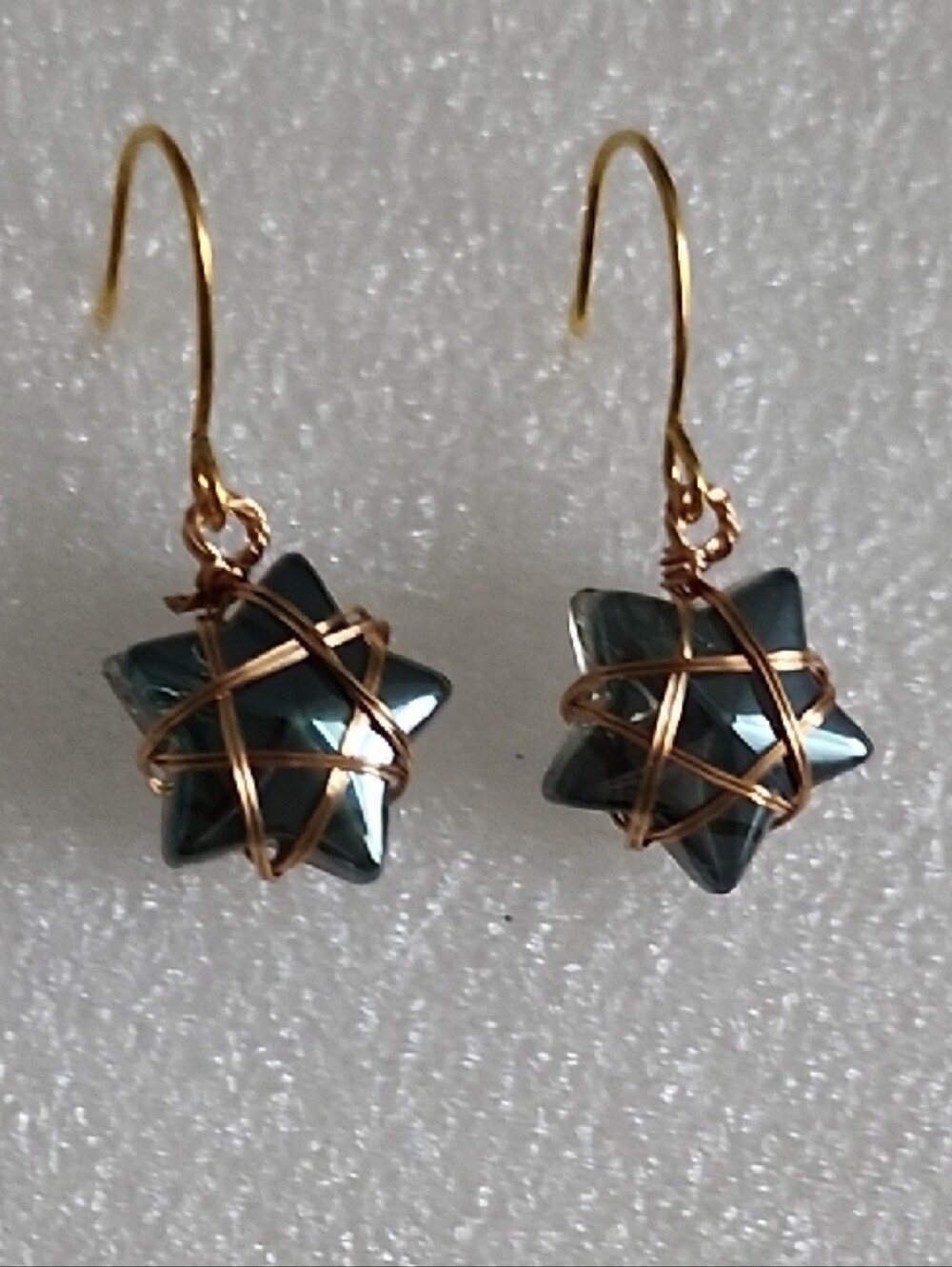 Hand Crafted Gold-Wire Hematite Look Star Drop Earrings - Dark Gray